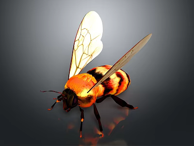 Detailed Realistic Bee with Orange Black Body and Transparent Textured Wings on Dark Background 3d model