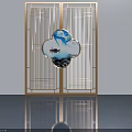 Light Beige Swing Doors With Lattice Design And Central Blue White Decorative Pattern