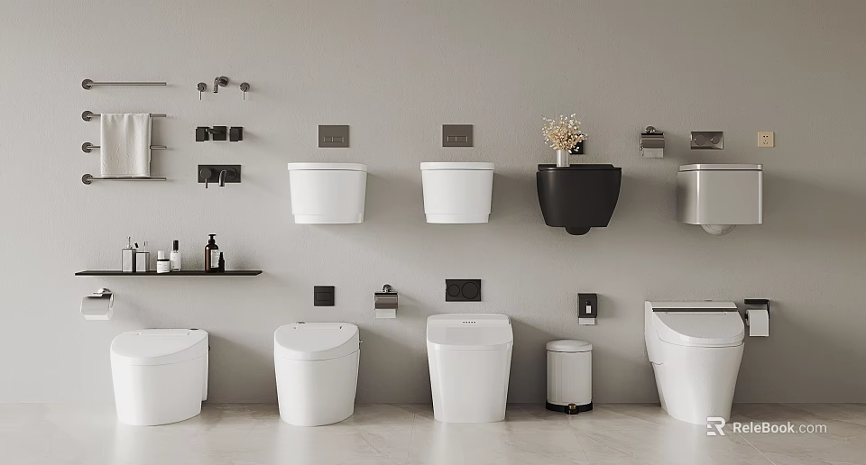 Bathroom Display of Wall Mounted and Floor Standing Toilets with Toiletries Flowers Toilet Paper Holders 3d model 