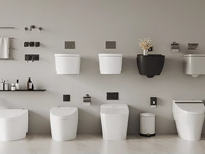 Bathroom Display of Wall Mounted and Floor Standing Toilets with Toiletries Flowers Toilet Paper Holders 3d model