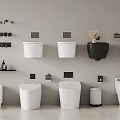 Bathroom Display of Wall Mounted and Floor Standing Toilets with Toiletries Flowers Toilet Paper Holders