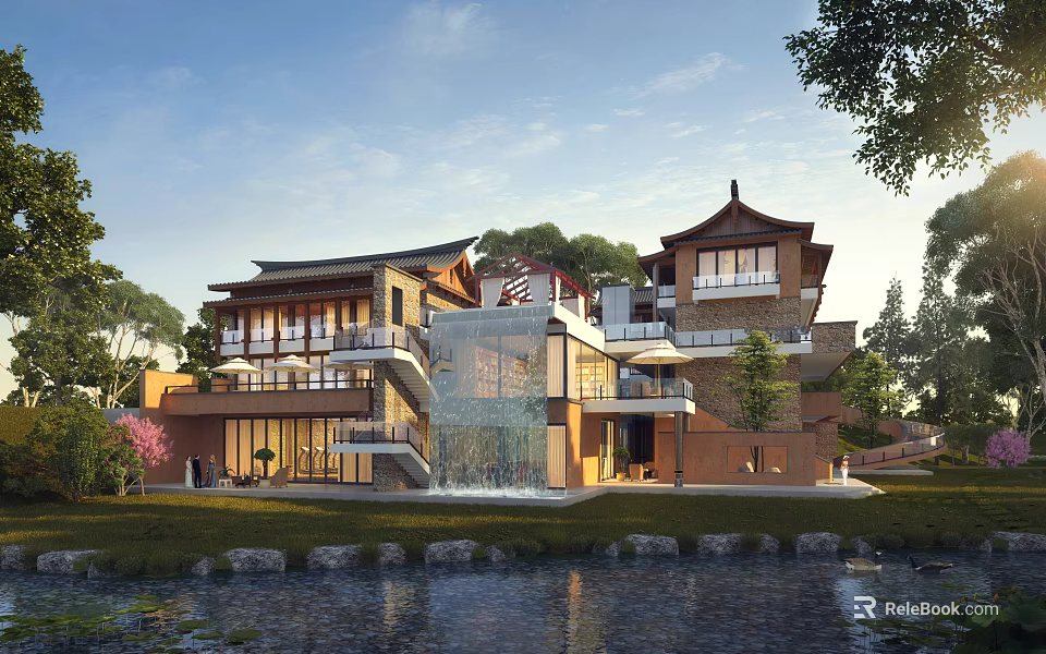 Traditional Chinese Roof Building With Modern Design Lawn Trees And Water 3d model 
