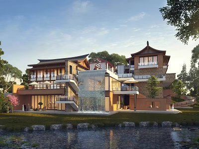 Traditional Chinese Roof Building With Modern Design Lawn Trees And Water 3d model