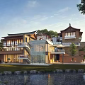Traditional Chinese Roof Building With Modern Design Lawn Trees And Water