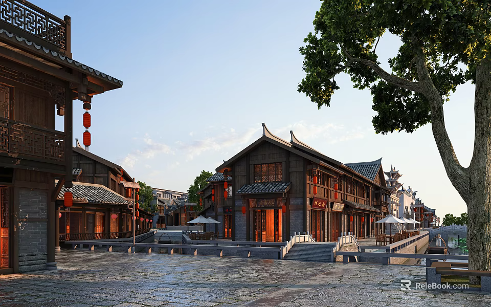 Traditional Ancient Chinese Architecture With Curved Eaves Red Lanterns And Stone Square 3d model 
