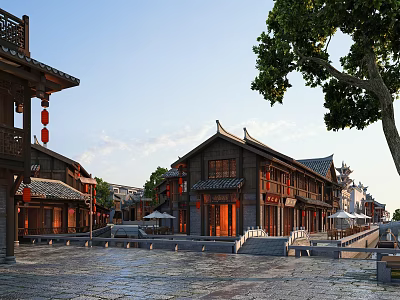 Traditional Ancient Chinese Architecture With Curved Eaves Red Lanterns And Stone Square 3d model