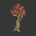 Artistic Tree With Red Leaves And Wooden Trunk On Dark Background