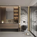 Modern Bathroom Interior Design With Wooden Vanity Large Mirror Glass Shower Enclosure And Decorative Mural