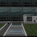 Modern Building Exterior With Glass Curtain Wall Outdoor Lawn Water Pool And Steps
