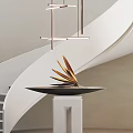 Elegant Spiral Staircase White Curved Design With Gray Steps Metal Pendant Lights And Golden Decoration