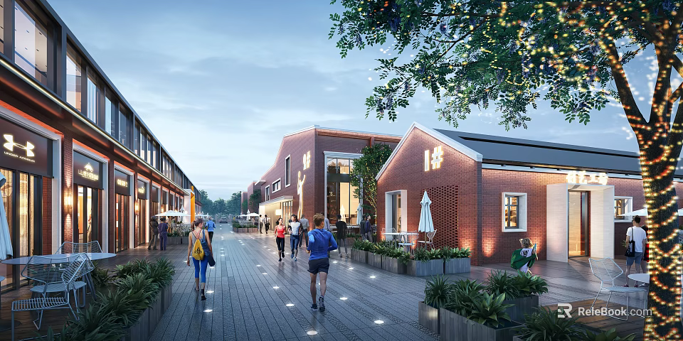 Vibrant Commercial Street With Red Brick Buildings Pedestrians Greenery And String Lights 3d model 
