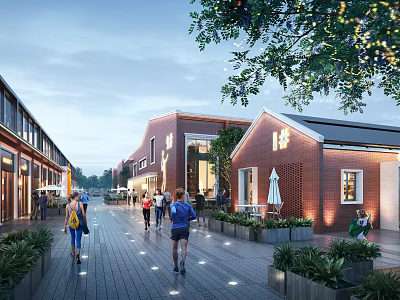 Vibrant Commercial Street With Red Brick Buildings Pedestrians Greenery And String Lights 3d model