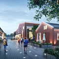 Vibrant Commercial Street With Red Brick Buildings Pedestrians Greenery And String Lights