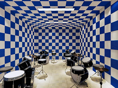 Blue And White Checkered Wall Room With Multiple Drums And Percussion Gear 3d model