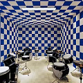Blue And White Checkered Wall Room With Multiple Drums And Percussion Gear