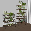 Multi Tiered Indoor Flower Stand With Metal Wood Shelves And Green Plants