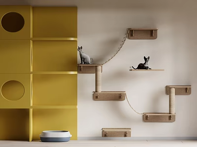 Modern Cat Tree With Yellow Wall Circular Holes Wooden Platforms And Two Cats 3d model