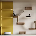 Modern Cat Tree With Yellow Wall Circular Holes Wooden Platforms And Two Cats