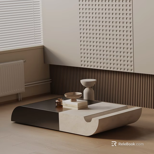 Contemporary Sofa Coffee Table Combination With Black Beige Geometric Design And Wall Grid Decor Items 3d model 