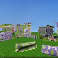 Bright Outdoor Space With Green Grass Purple Green Flower Patterned Cushions And Banners