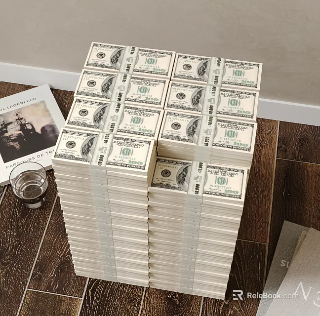 Creative Stool Made of Stacked Dollar Bills with Magazine Glass of Water on Wooden Floor 3d model 