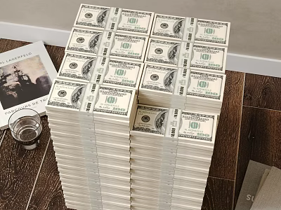 Creative Stool Made of Stacked Dollar Bills with Magazine Glass of Water on Wooden Floor 3d model