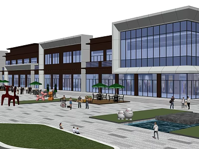 Modern Commercial Street With Glass Curtain Wall Buildings Outdoor Leisure Areas And Pedestrians 3d model