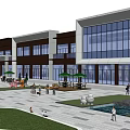 Modern Commercial Street With Glass Curtain Wall Buildings Outdoor Leisure Areas And Pedestrians