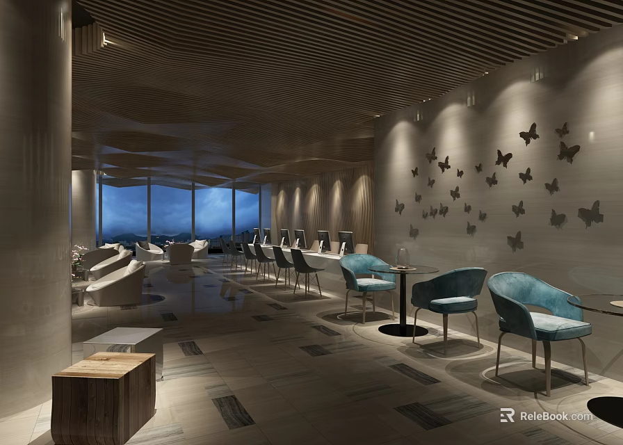Modern Hotel Lobby With Large Windows Blue Chairs And Butterfly Wall Decor 3d model 