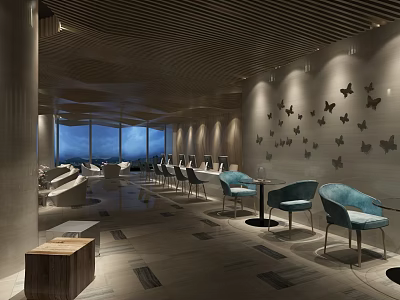 Modern Hotel Lobby With Large Windows Blue Chairs And Butterfly Wall Decor 3d model