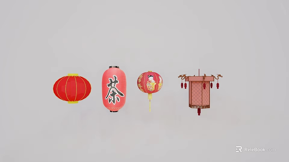 Traditional Red Chinese Outdoor Lanterns With Spring Character Patterns And Tassels 3d model 