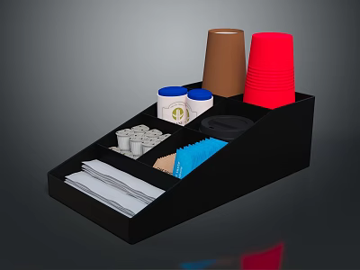 Black Kitchen Organizer With Red Brown Cups White Containers Paper Towels And Blue Bags 3d model