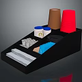 Black Kitchen Organizer With Red Brown Cups White Containers Paper Towels And Blue Bags