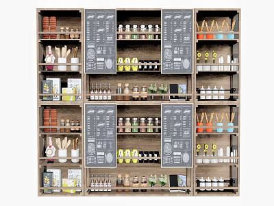 Organized Kitchen Utensils Storage Shelves With Various Jars Bottles And Tools 3d model