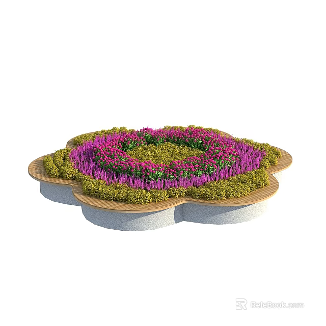 Roadside Facilities Flower Shaped Decorative Landscaped Area With Purple Green Plants Wooden Stone Edges 3d model 