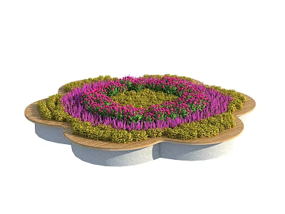 Roadside Facilities Flower Shaped Decorative Landscaped Area With Purple Green Plants Wooden Stone Edges 3d model