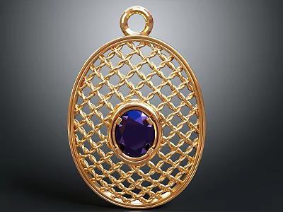 Elegant Golden Oval Pendant With Intricate Mesh Design And Purple Gemstone 3d model