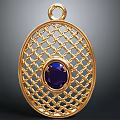 Elegant Golden Oval Pendant With Intricate Mesh Design And Purple Gemstone