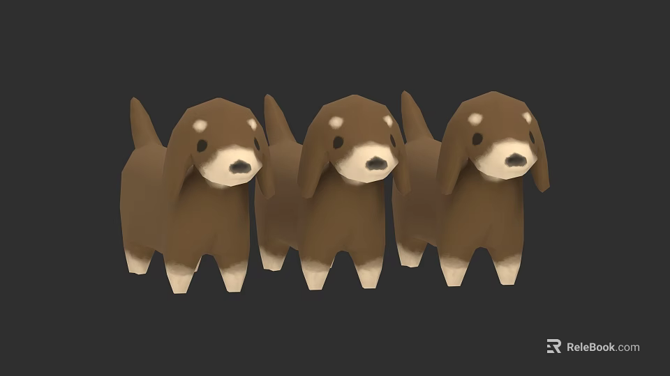 Three Brown And White Cartoon Dog Toys With Cute Faces Standing In Row 3d model 