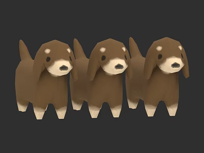 Three Brown And White Cartoon Dog Toys With Cute Faces Standing In Row 3d model
