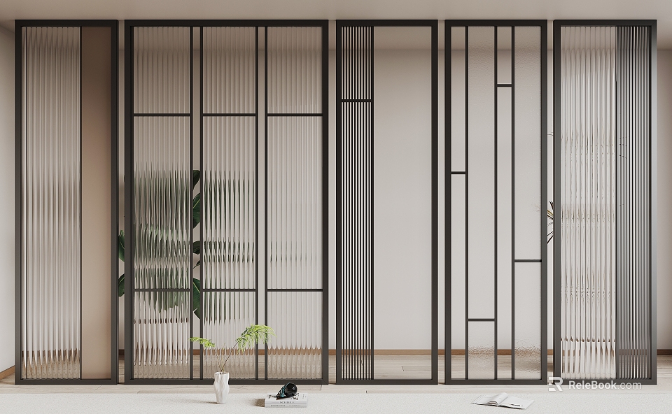 Modern Interior Room Divider With Black Metal Frame And Decorative Geometric Lines Design 3d model 