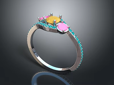 Elegant Silver Ring With Colorful Gemstones Yellow Pink And Blue Inlaid Design 3d model