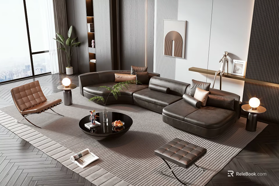 Modern Leather Sofa and Coffee Table Set with Ottoman Floor Lamp and Wall Art 3d model 