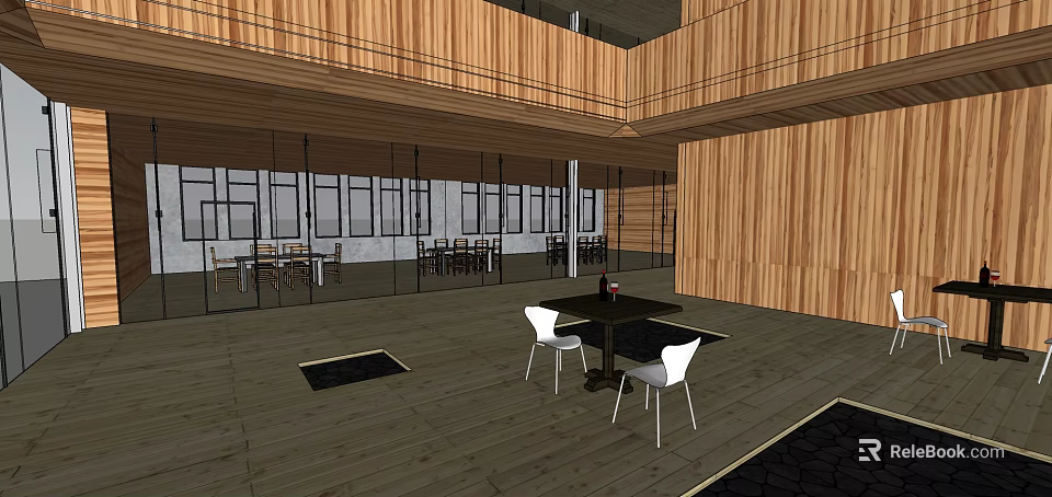 Modern Café Interior Design With Wooden Walls Glass Partitions And White Chairs 3d model 