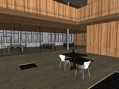 Modern Café Interior Design With Wooden Walls Glass Partitions And White Chairs 3d model
