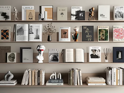 Stylish Books And Magazines On Shelves With Decorative Sculptures Vases And Dried Flowers 3d model