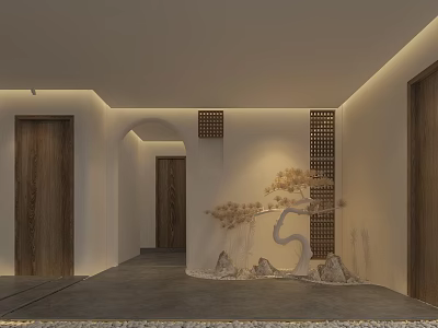 Modern Indoor Space Featuring Wooden Doors Arched Doorway Lattice Panels And Pine Tree Garden Ornament 3d model