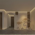 Modern Indoor Space Featuring Wooden Doors Arched Doorway Lattice Panels And Pine Tree Garden Ornament