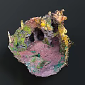 Natural Cave Structure With Colorful Rock Surfaces Green Yellow Purple And Mossy Entrances
