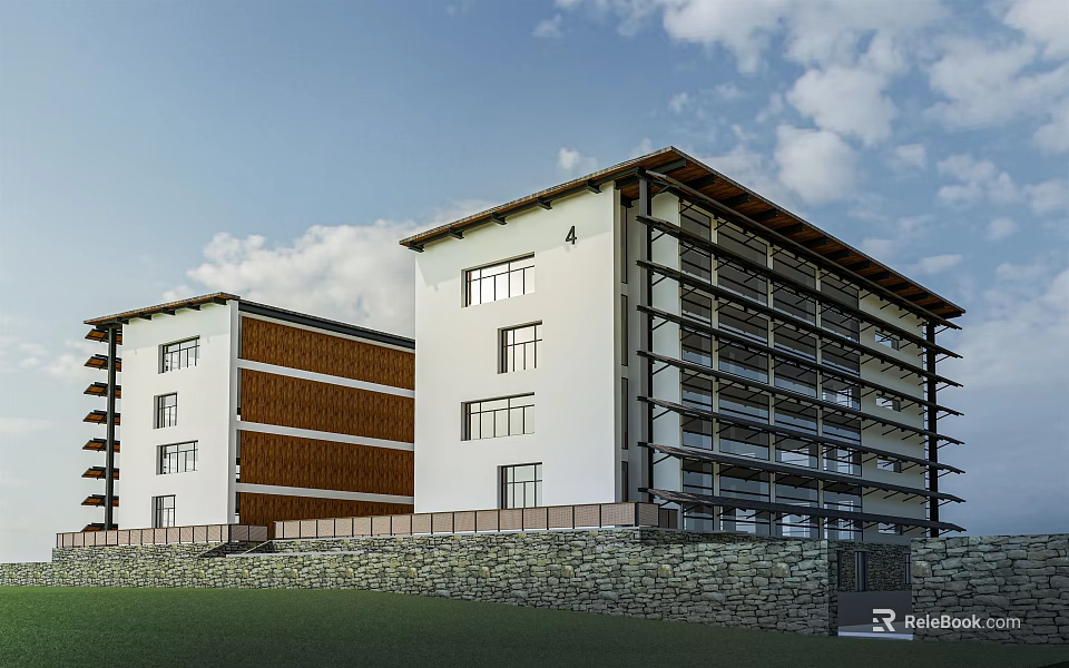 Modern Guesthouse Building With White Facade Brown Accent Balconies Stone Wall And Green Lawn 3d model 